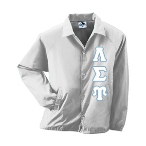 May include: White windbreaker jacket with a blue and white Greek letter design on the back. The letters are "ΛΣΠ".