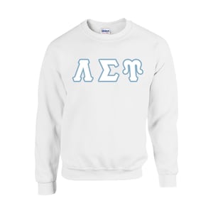 May include: White crewneck sweatshirt with light blue Greek letters. The letters are outlined in a darker blue. The sweatshirt is made of a soft material and has a ribbed collar, cuffs, and hem.