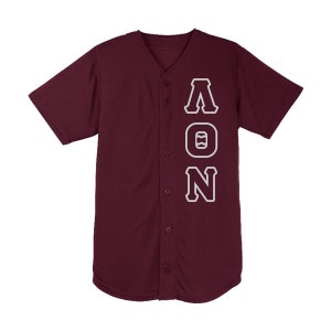 May include: A maroon baseball jersey with white lettering that reads "AON" down the front.