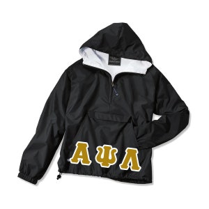 May include: Black hooded anorak jacket with a white interior lining. The jacket features a front pocket, a drawstring at the hem, and a zipper closure. Gold Greek letters are displayed on the front.