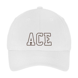 May include: White baseball cap with the word "ACE" in brown block letters. The cap has a curved brim and a rounded crown. The text is centered on the front of the cap.