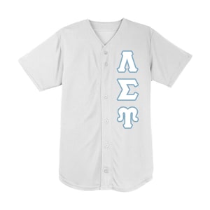 May include: White baseball jersey with blue lettering that reads "ΛΣΜ".