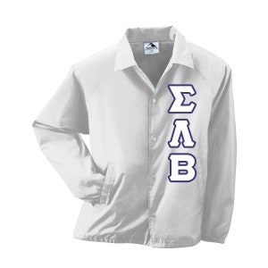 May include: White snap-front jacket with a collar and two front pockets. The jacket features the Greek letters ΣΛB in a dark blue color down the front. The jacket has a tag that reads "Augusta Sportswear".