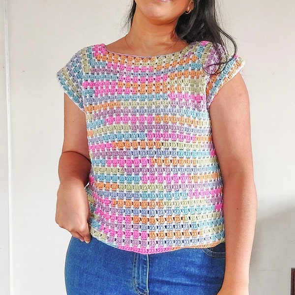 Patrón superior fácil de crochet, camiseta de crochet perfecta para el verano, patrón de crochet de arriba hacia abajo, patrón de blusa de crochet sin costuras y sin costuras