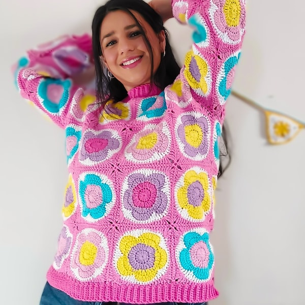 Crochet Pattern: Granny Square Sweater, Crochet a Flower Granny Square Jumper, Easy Crochet Pattern, Easy crochet modern sweater