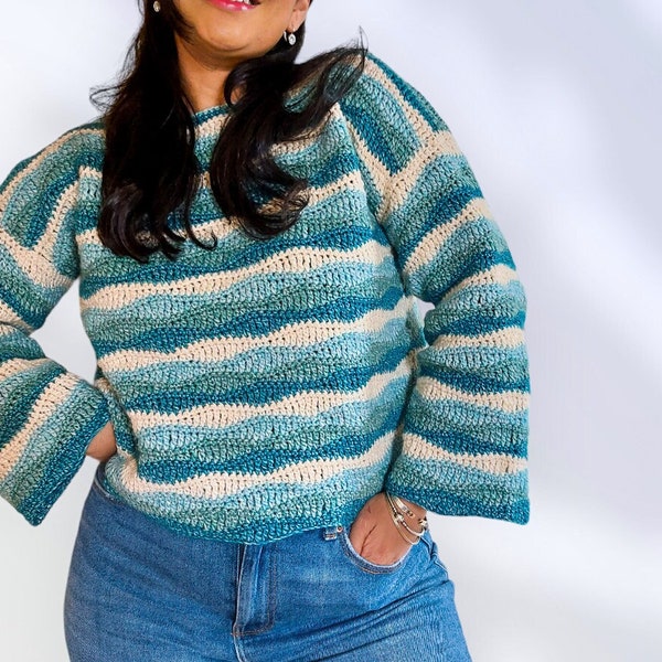 Modèle de pull au crochet, pull vagues au crochet, crochet pour l'automne, pull confortable