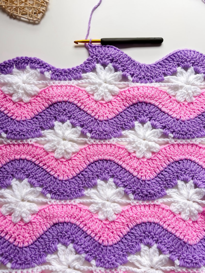 Crochet Wave Blanket Pattern: Ripple Flower, Lacy Border (PDF Download ...