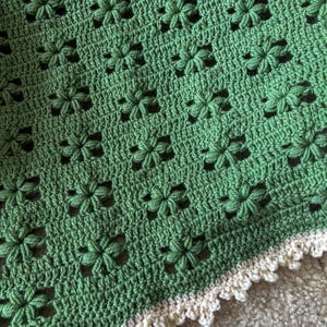 a crochet baby blanket made out of sage wool yarn lying on a sofa. the blanket features a texture flower puff stitch all along and a crowned picot border in white