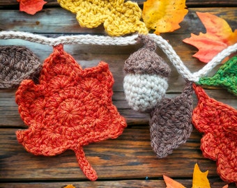 Crochet Pattern: Crochet Fall Garland, Crochet Maple Leaf, Crochet Oak Leaf, Crochet Acorn, Crochet Halloween Decor, Crochet for Fall