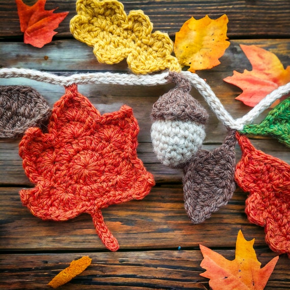20 Fall Crochet Patterns for Cozy Home Decor 14 Mixed Fall Leaves and Acorns Garland Crochet Pattern