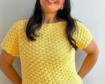 Patrón de top de ganchillo con diseño de flores silvestres: Punto concha, largo personalizable (descarga digital en PDF y videotutorial).