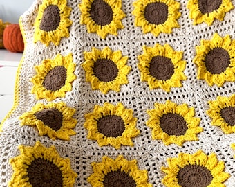 Sunflower Granny Square Blanket Crochet Pattern: 3D Floral Throw (PDF Pattern)