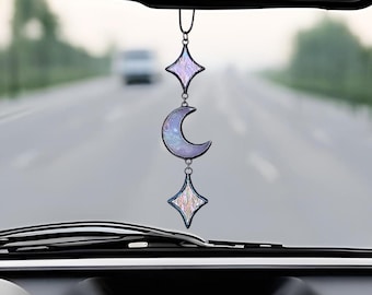 Ciondolo per auto in vetro colorato a forma di mezzaluna e stelle. Decorazione magica per auto, ciondolo celeste da appendere allo specchietto retrovisore.
