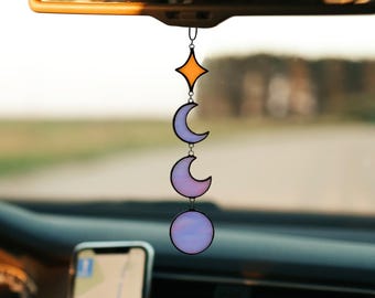 Autohanger met maanfasen van echt gebrandschilderd glas – Heksenachtige decoratie voor de achteruitkijkspiegel, boho-cadeau