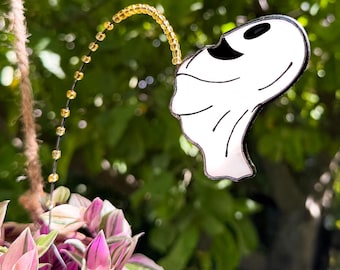 Divertente paletto per piante a forma di fantasma in vetro colorato. Regalo per la festa del papà, decorazione da giardino a forma di fantasma fatta a mano, simpatica decorazione per piante di Halloween, regalo per papà