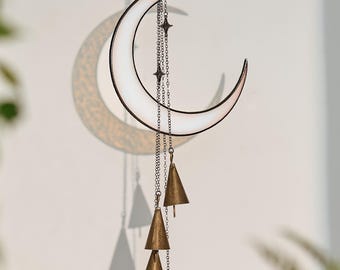 Campanellini da strega con luna celeste, decorazioni da strega, decorazione murale a mezzaluna, decorazioni spirituali per la casa, campanelli a forma di luna, decorazioni gotiche da strega