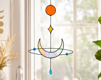 Acchiappasole in vetro colorato con luna e pianeti, decorazione celeste, decorazione lunare da appendere alla finestra, acchiappasole cosmico, regalo astrologico
