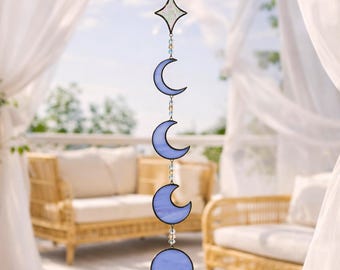 Acchiappasole in vero vetro colorato con fasi lunari. Decorazione celestiale e magica per finestre. Decorazione per patio.