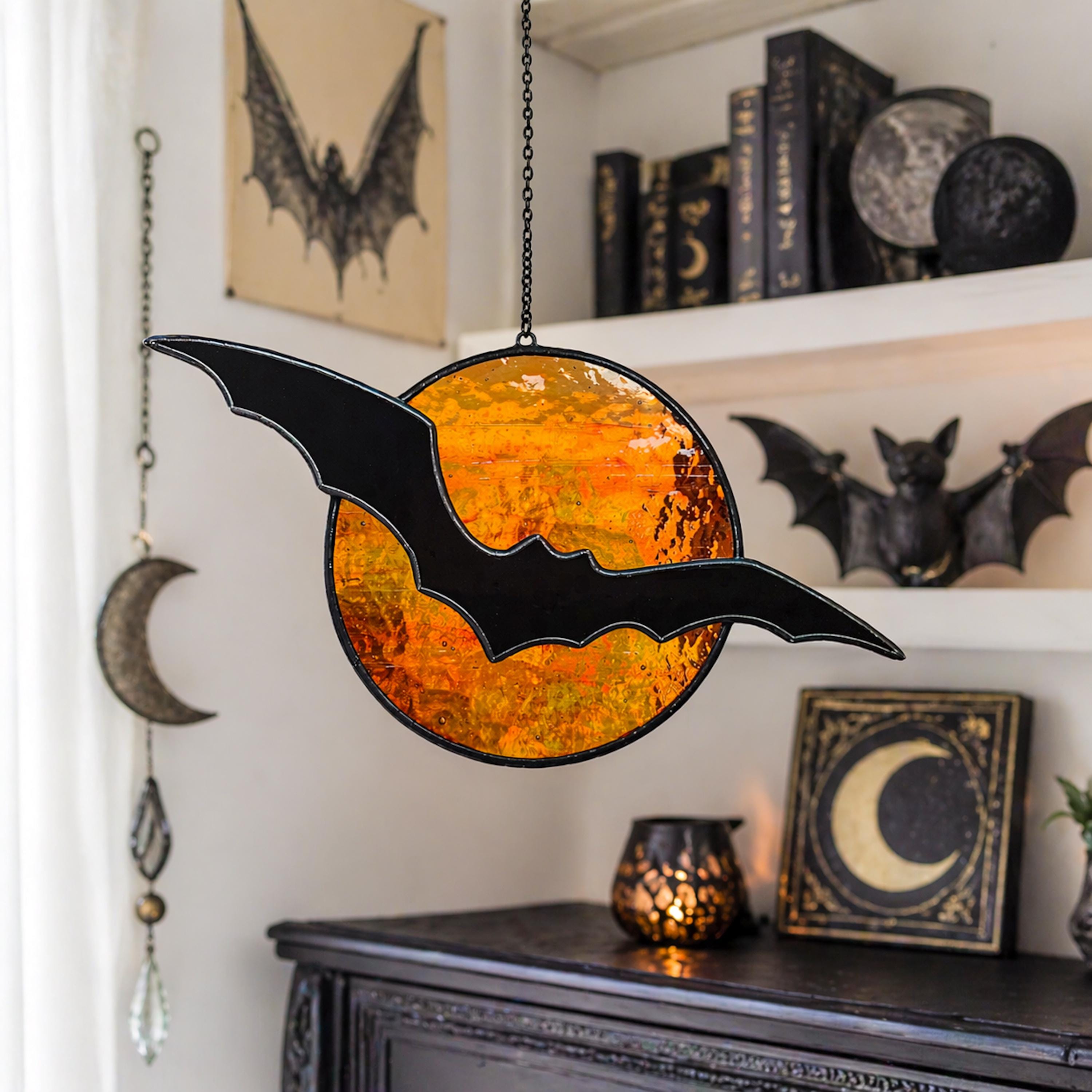 Stained Glass Bat Suncatcher With Moon. Birthday Gift, Gothic Window ...