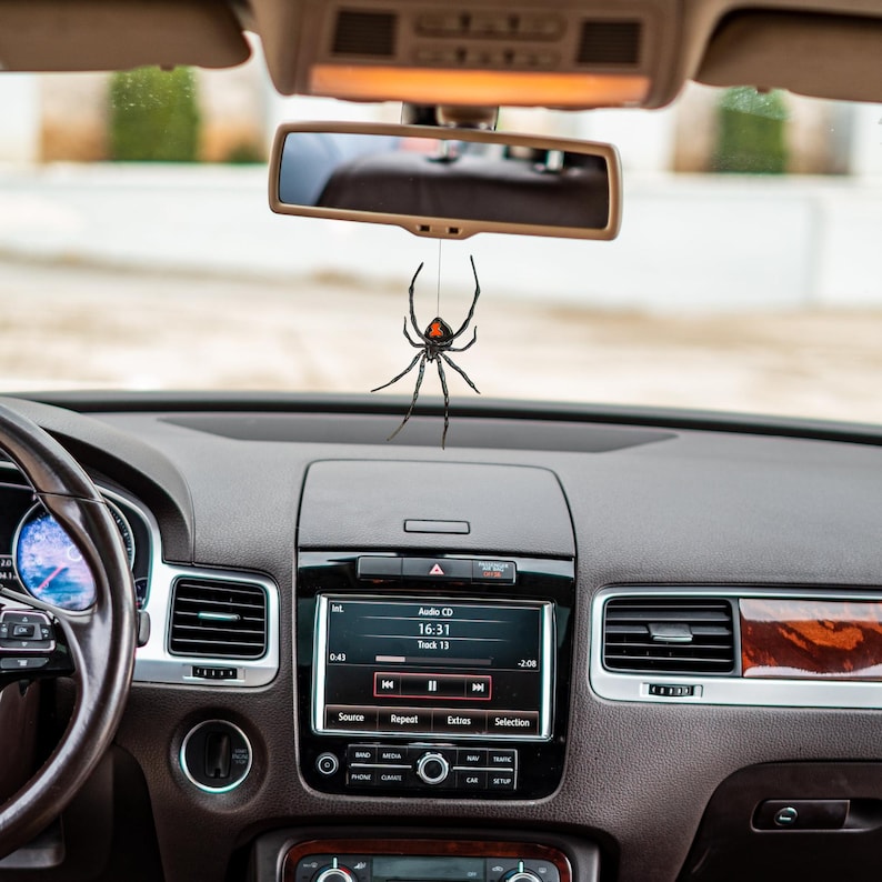 Op de afbeelding: Een zwarte weduwe spin auto-ornament hangend aan de achteruitkijkspiegel van een auto. De spin heeft een rode zandloper markering. Het dashboard van de auto toont audio-informatie.