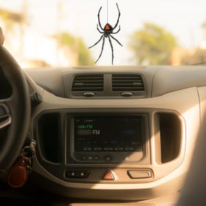 Op de afbeelding: Een zwarte spinnenauto-hanger met een rode zandlopermarkering hangt aan een touwtje voor het dashboard van een auto. De autoradio geeft "radio FM" en FM-radiofrequenties weer.