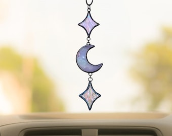Ciondolo per auto a forma di luna crescente celeste e stelle, ciondolo per specchietto retrovisore in vetro colorato, accessorio per auto a tema luna, decorazione per auto in stile stregonesco, ciondolo a forma di luna viola