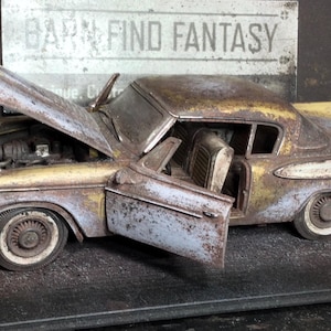 Barn find 1957 Studebaker Golden Hawk car model, 1:18, Custom Made, rusty, distressed, junkyard, diorama.