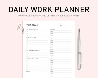 Daily Work Planner Printable, Daily Hourly Schedule, Day Planner, Daily Timetable, Productivity Planner, Daily Agenda, Day Planner Printable