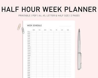 Half Hour Weekly Schedule Printable, Half Hour Daily Schedule Template, Daily Agenda, Hourly Schedule, Time Planner, Sunday/Monday Start, A4