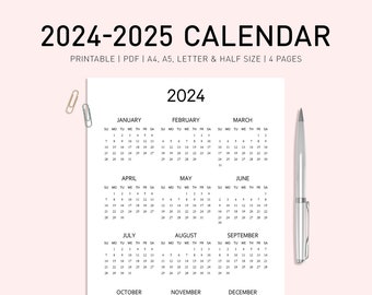 2024 - 2025 Calendar Printable, Simple Calendar, One Page Calendar, Yearly Calendar A4, Year At A Glance, Minimalist Calendar, Wall Calendar