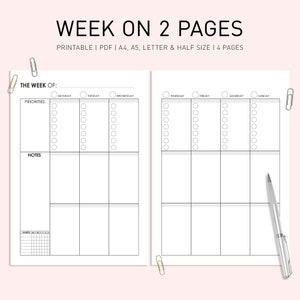 Week on 2 Pages Printable, Printable Weekly Schedule, Week Planner 2024, Weekly Planner Inserts, Undated Weekly Planner, Week Planner A5, A4