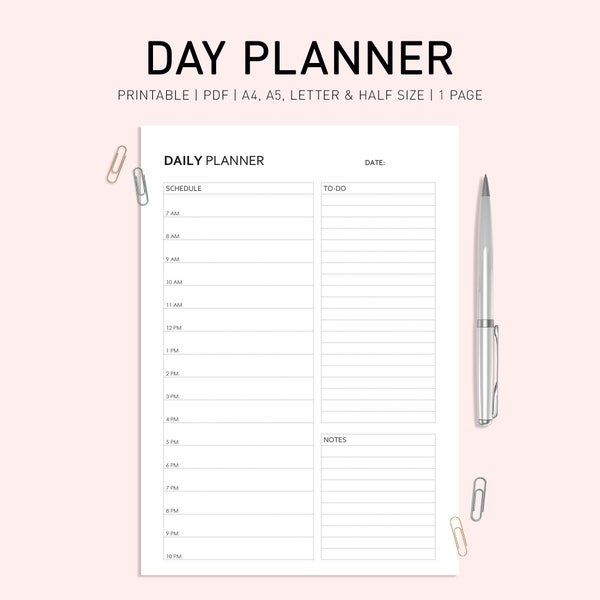 Minimalist Daily Planner Printable, Printable Day Schedule, Daily Hourly Planner, Daily Work Planner A4, Day Organizer, Productivity Planner