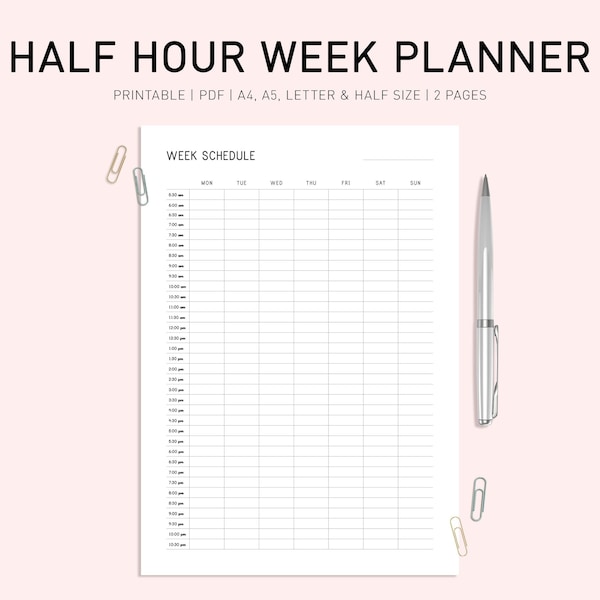 Half Hour Weekly Schedule Printable, Half Hour Daily Schedule Template, Daily Agenda, Hourly Schedule, Time Planner, Sunday/Monday Start, A4