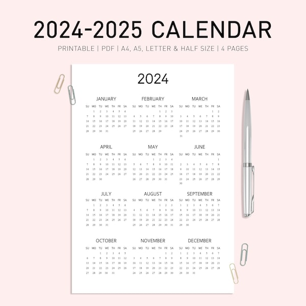 2024 - 2025 Calendar Printable, Simple Calendar, One Page Calendar, Yearly Calendar A4, Year At A Glance, Minimalist Calendar, Wall Calendar