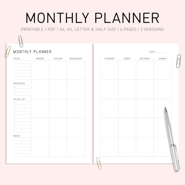 Printable Monthly Planner, Monthly Schedule Printable, Month On 2 Pages, Undated Monthly Inserts, Monthly Organizer, Month Planner Template