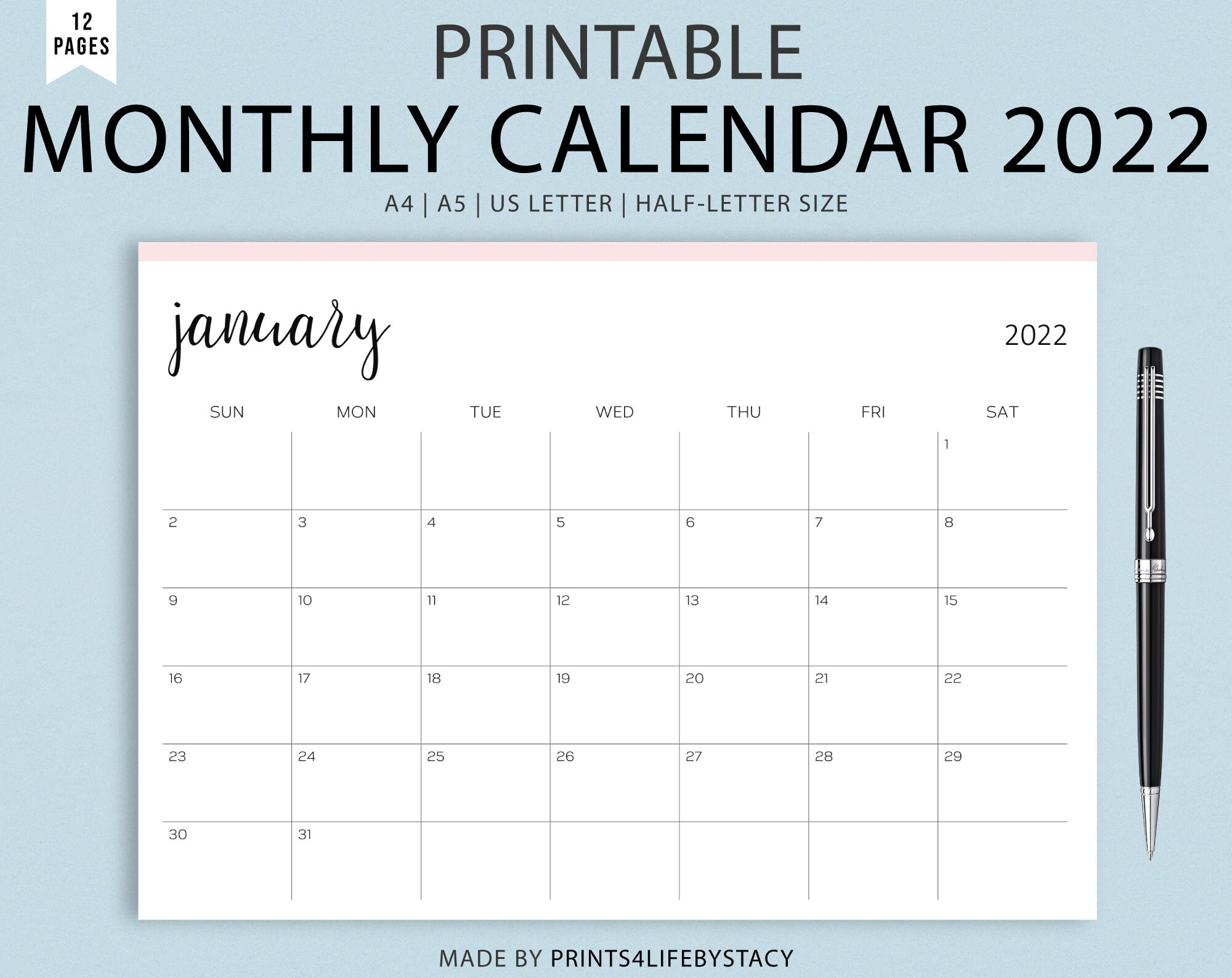Sjfc 2022 Calendar Printable Monthly Calendar Minimalist Printable Calendar | Etsy Singapore
