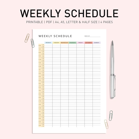 Half Hour Weekly Schedule on 2 Pages, Weekly Planner Printable, Week at a  Glance, Weekly to Do List, Weekly Agenda, A5/a4/letter/half Letter 