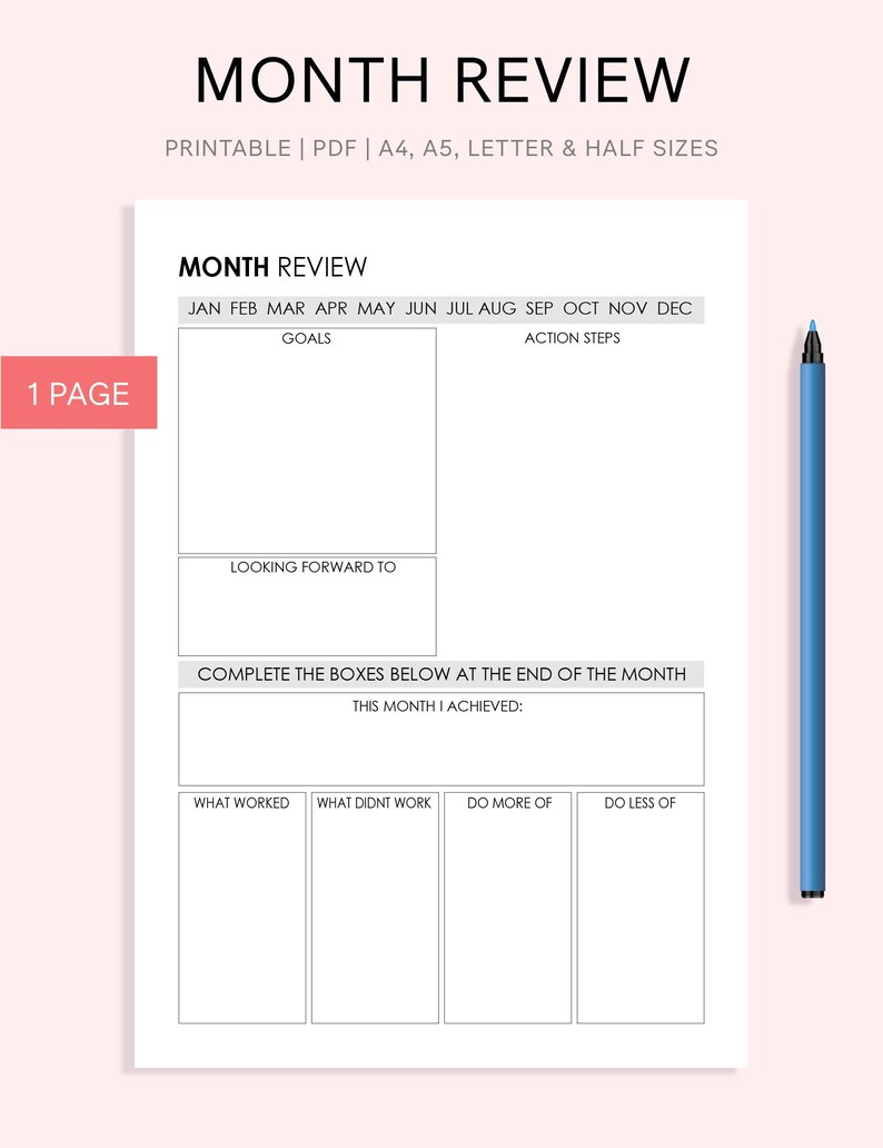 Monthly Review Printable Printable Monthly Productivity - Etsy