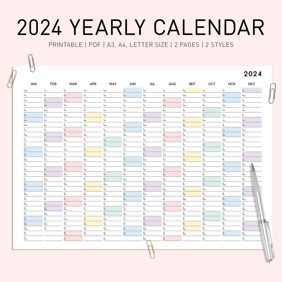 Full Year Calendar 2024 Printable, 2024 Monthly Planner, 2024 Rainbow ...