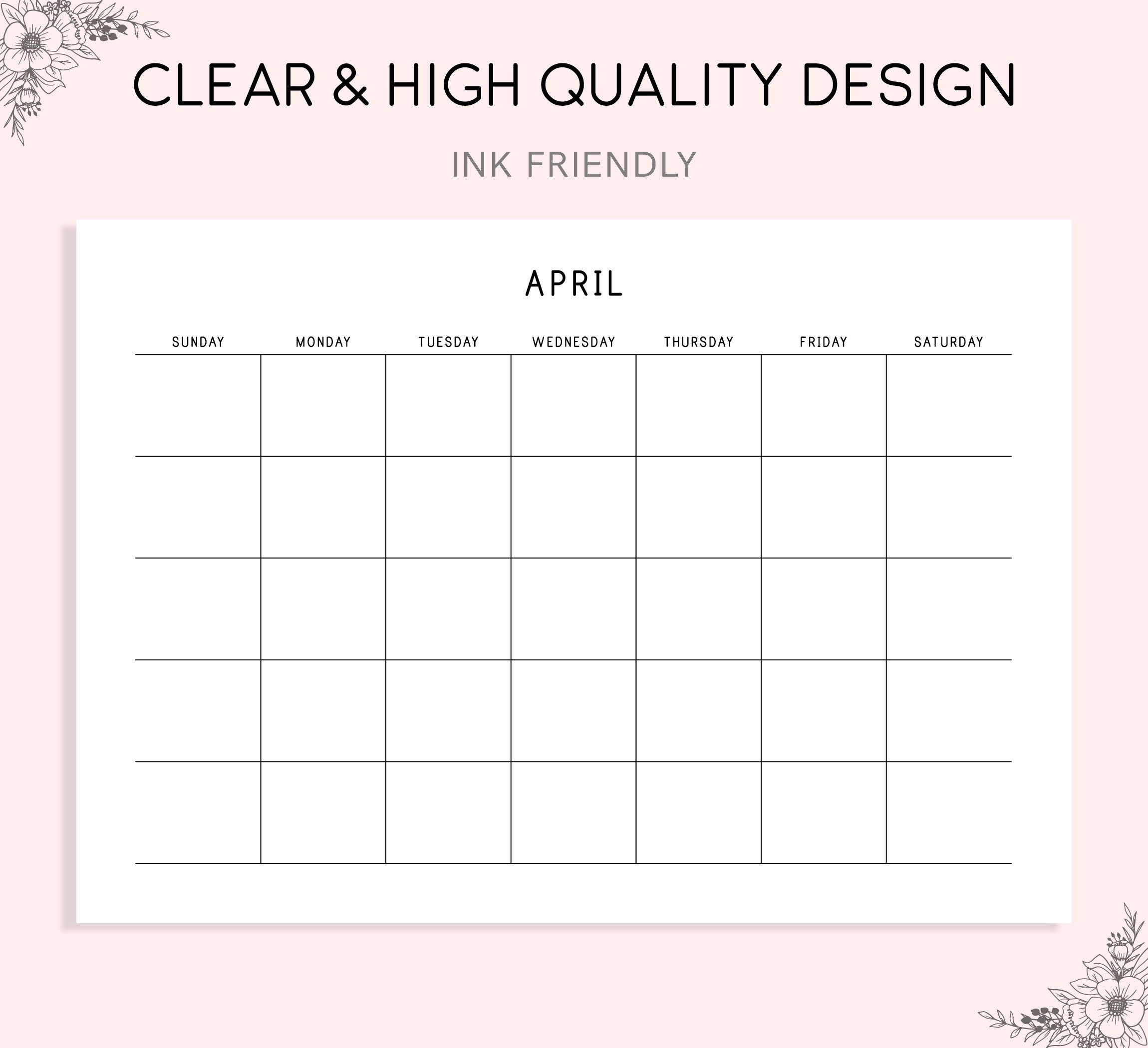 Printable Monthly Calendar Landscape, Minimalist Calendar Template ...