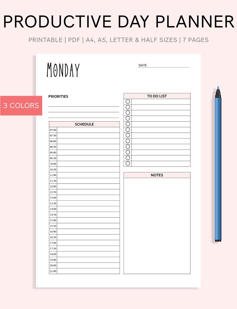 7 Day Planner Printable With to Do List, Printable Daily Schedule, Day ...