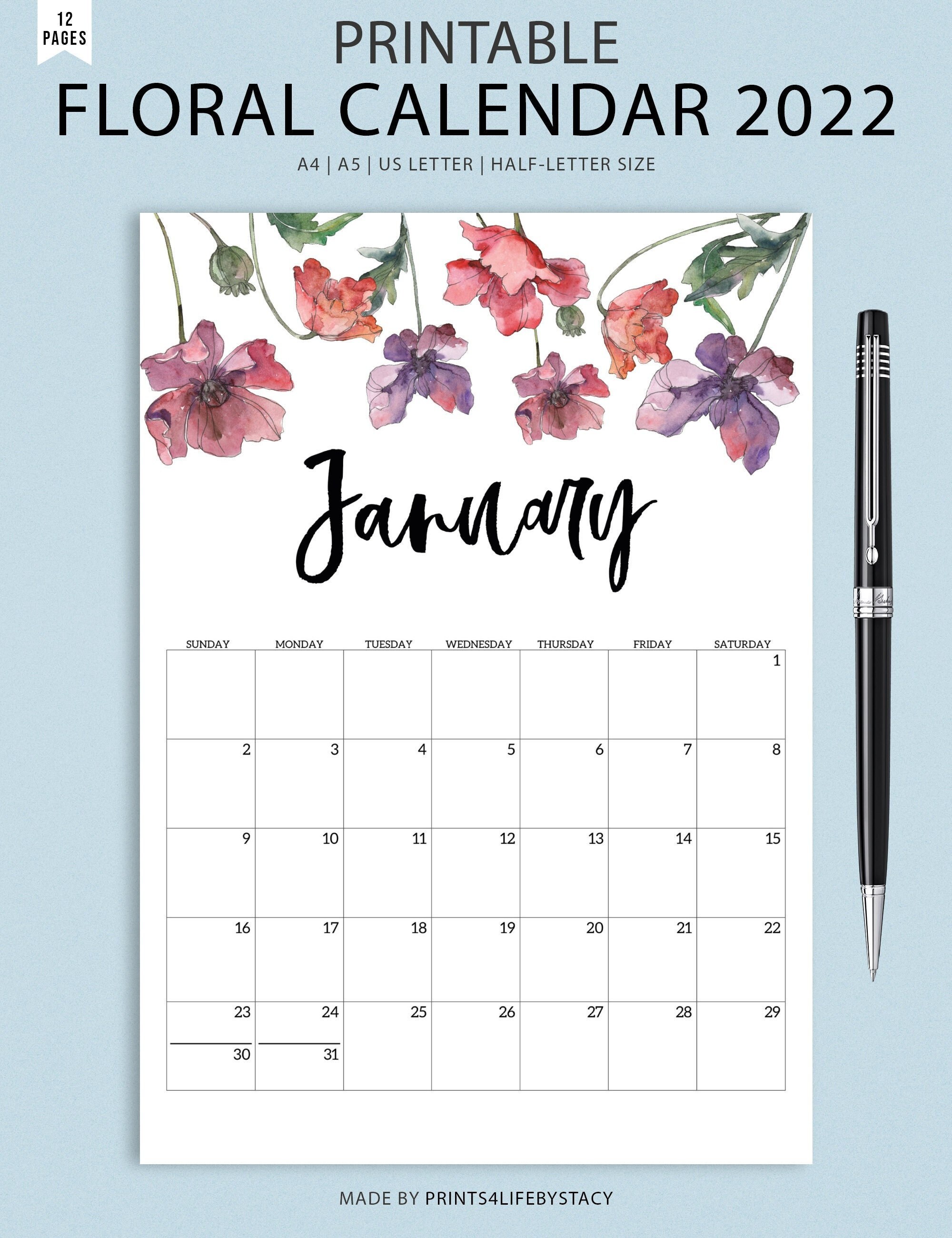 printable monthly calendar 2022 dated floral monthly calendar etsy australia
