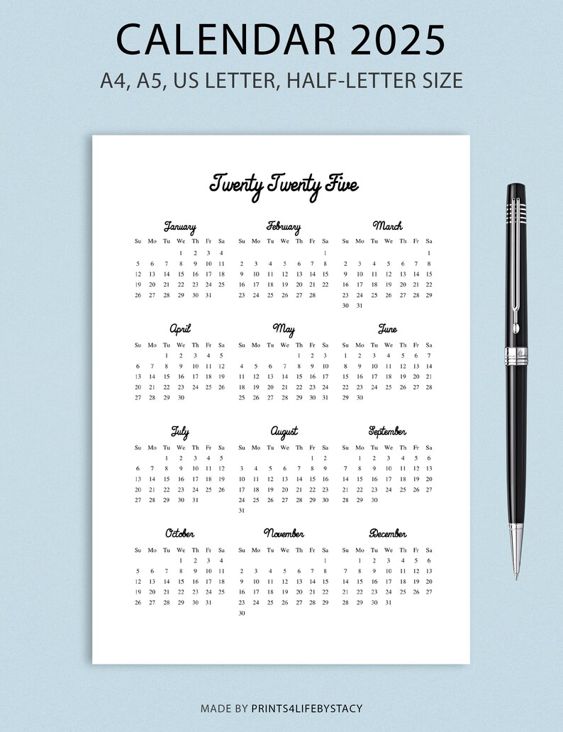 20222025 Calendar Printable Simple Calendar One Page Etsy New Zealand