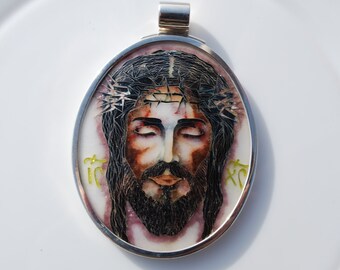 Cloisonne enamel Jesus Necklace, Jesus pendant, Jesus face necklace, Georgian cloisonne enamel, Jesus art Necklace, Rigious jewelry