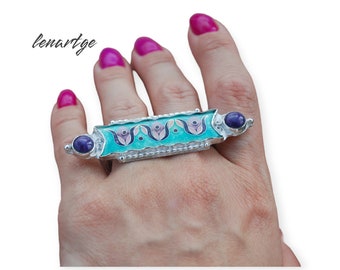 Cloisonne Emaille Sterling Silber Einstellbar Ring: Boho Vollfinger Schmuck