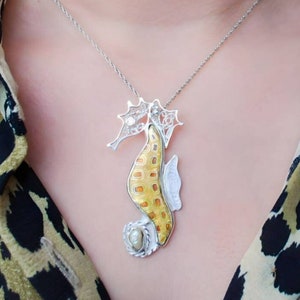 Handmade Silver Seahorse Jewelry,Cloisonne enamel seahorse,  Sea Horse Lover Gifts for Her, Women&#39;s Charm Pendant, Beach Jewelry, Filigree