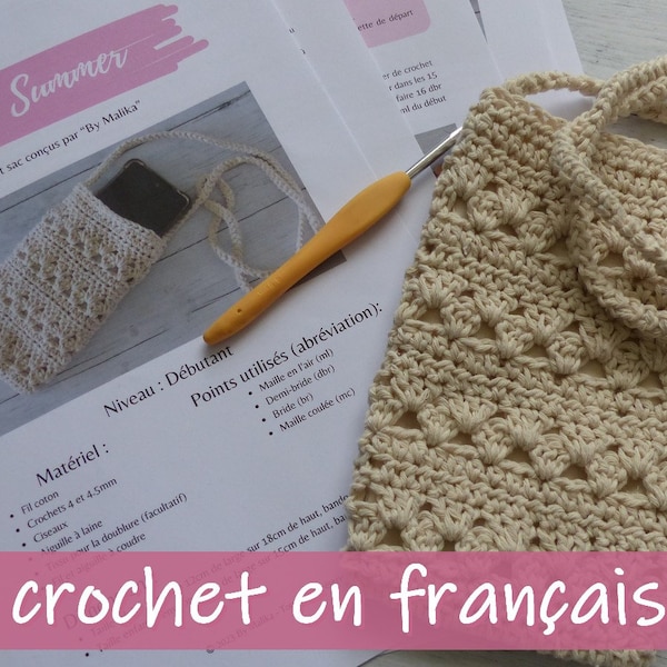 Tutorial, pattern, Crochet model Portable bag/pouch, PDF in French, beginner crochet, crochet bag, easy crochet