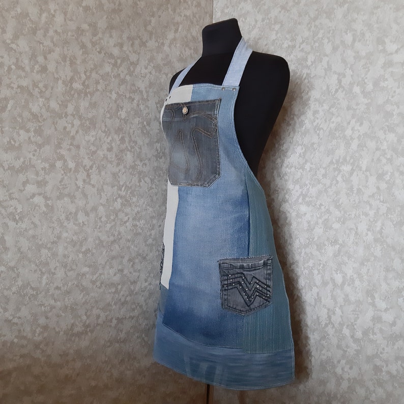 Denim patchwork apron for garden or Etsy