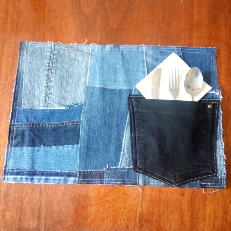 Rustic Denim Patchwork Placemats With Cutlery Pockets Etsy