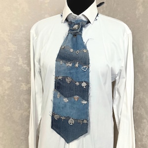 Upcycled Denim Patchwork Tie, Steampunk Boro Necktie, Handmade Streetwear Denim Tie, Avant Garde Grunge Fashion Accessory
